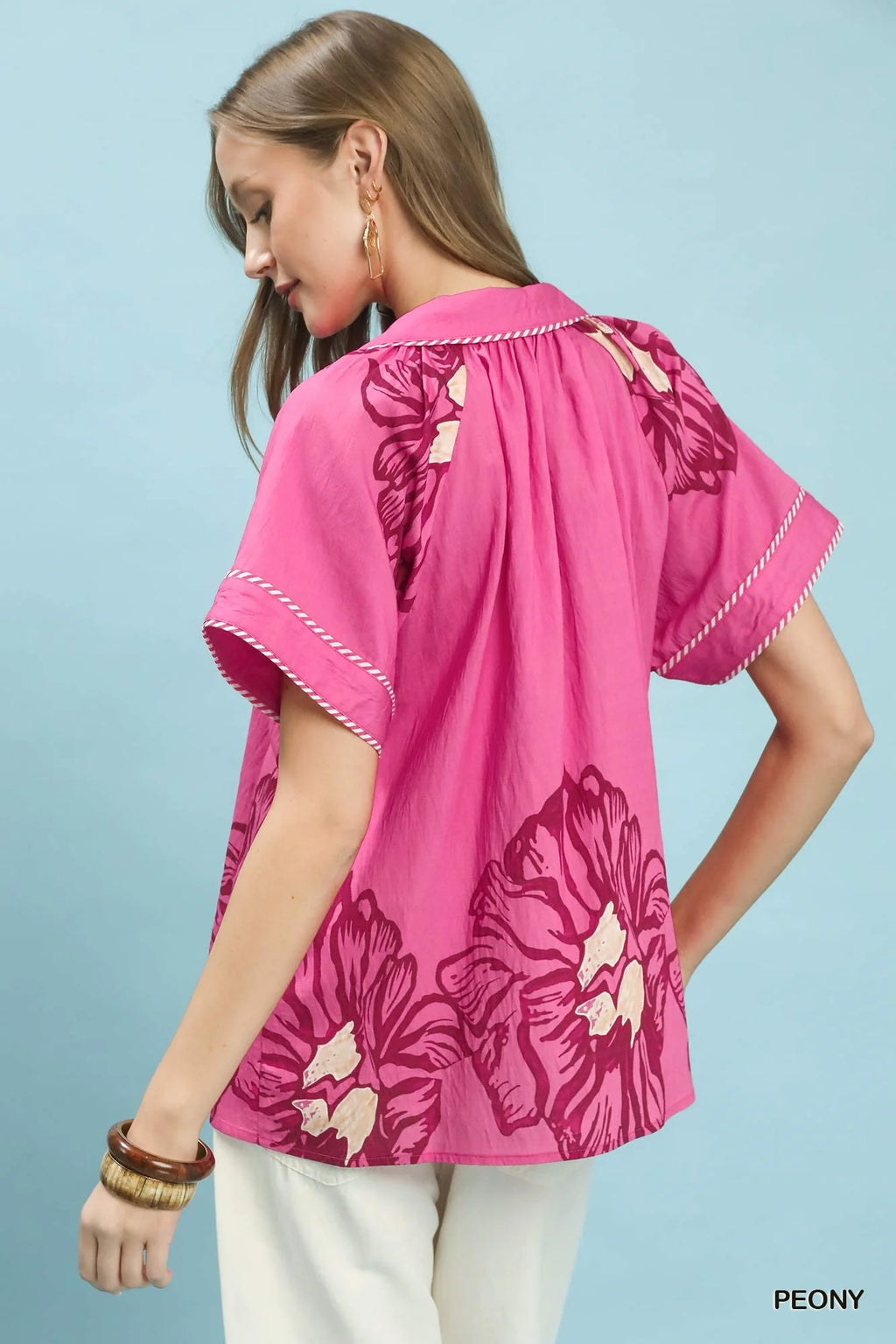 Umgee Floral Split-Neck Short Sleeve Top