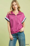 Umgee Zip Front Casual Top with Contrast Stripe Trim