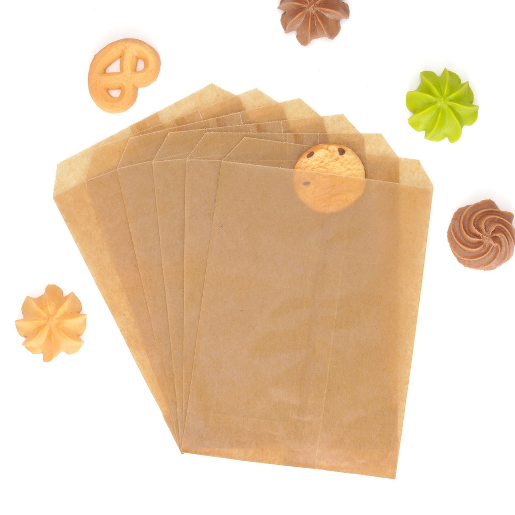 100pcs Brown Wax Paper Cookie Bags Flat For Decorative Bakery Cookie Christmas Gift Birthday Party by Quotidian 5x7 inch