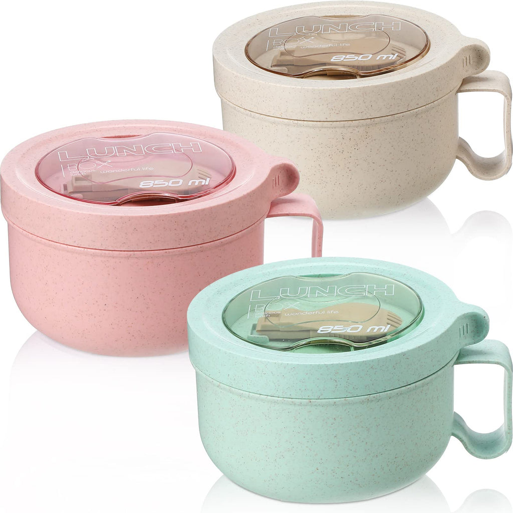3 Pcs Wheat Straw Soup Bowls with Spork Large Soup Mugs with Lids Instant Ramen Noodles Bowl Soup Cup with Handle Instant Cooking Bowls for Travel Food Containers Beige Pink Green 28.74 oz