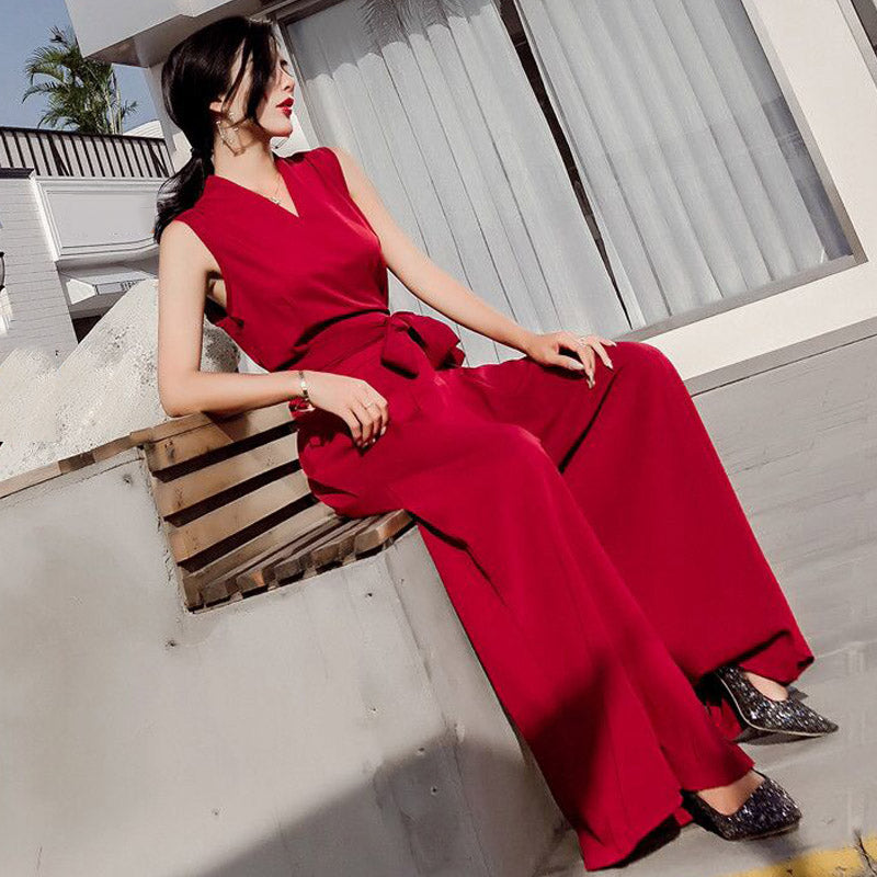 Chicever Women's V-Neck Wide-Leg Jumpsuit with Bow