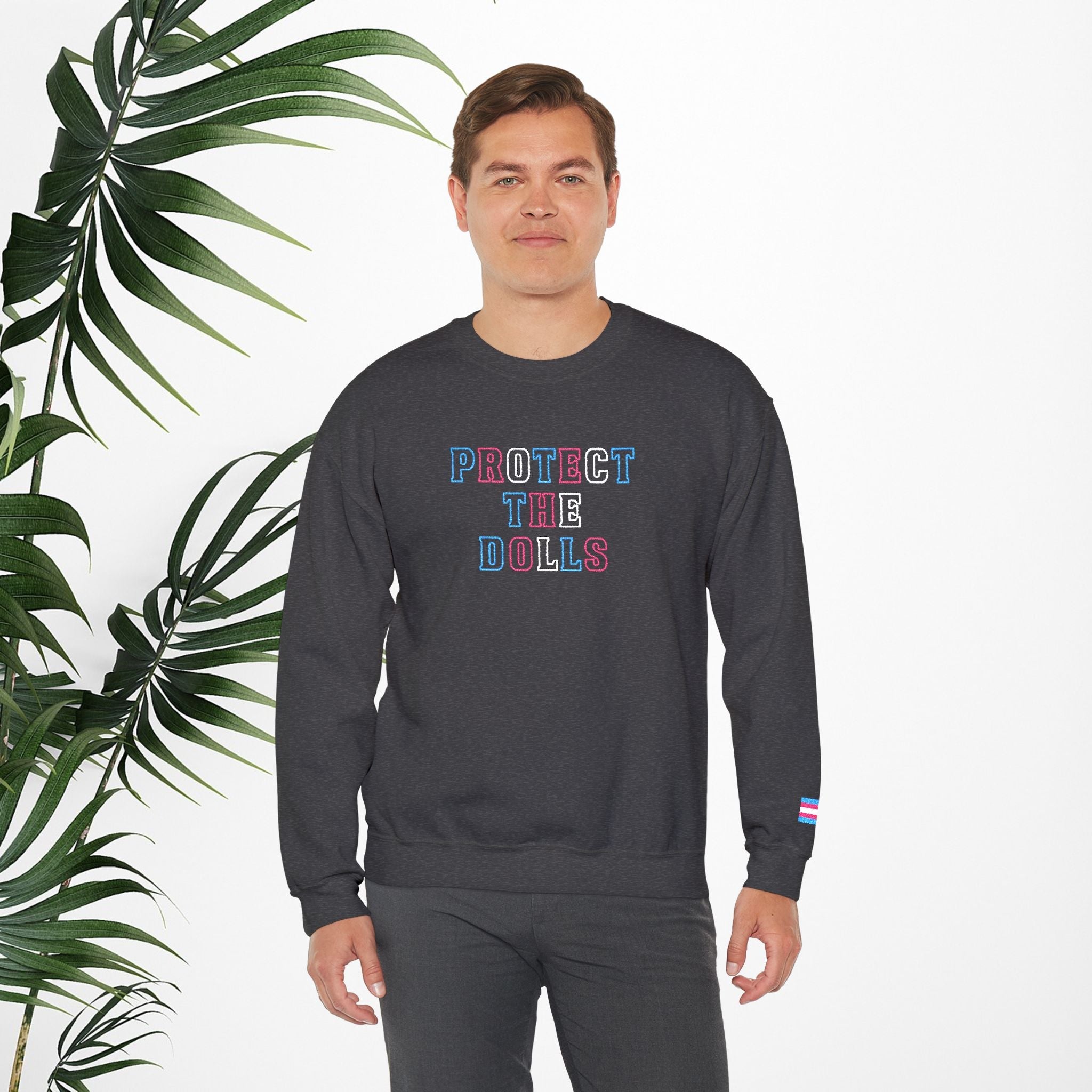 Bespattered Facade Protect the Dolls LGBTQ+ Pride Trans Support Embroidered Crewneck Sweatshirt