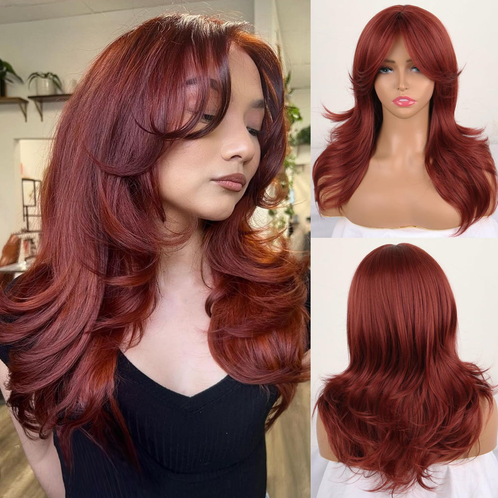 LEOSA Burgundy Wigs for Women Wine Red Wig with Curtain Bangs Layered Wig Long Wavy Ombre Burgundy Wig Shoulder-Length Synthetic Long Haired Wig Natural Dark Red Real Hair Wig for Daily Party Use