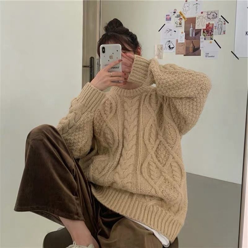 Retro Saint Red Twist Loose Knit Sweater for Women