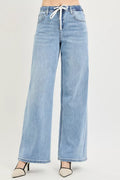 RISEN Elastic Band Slouchy Wide Jeans with Drawstring