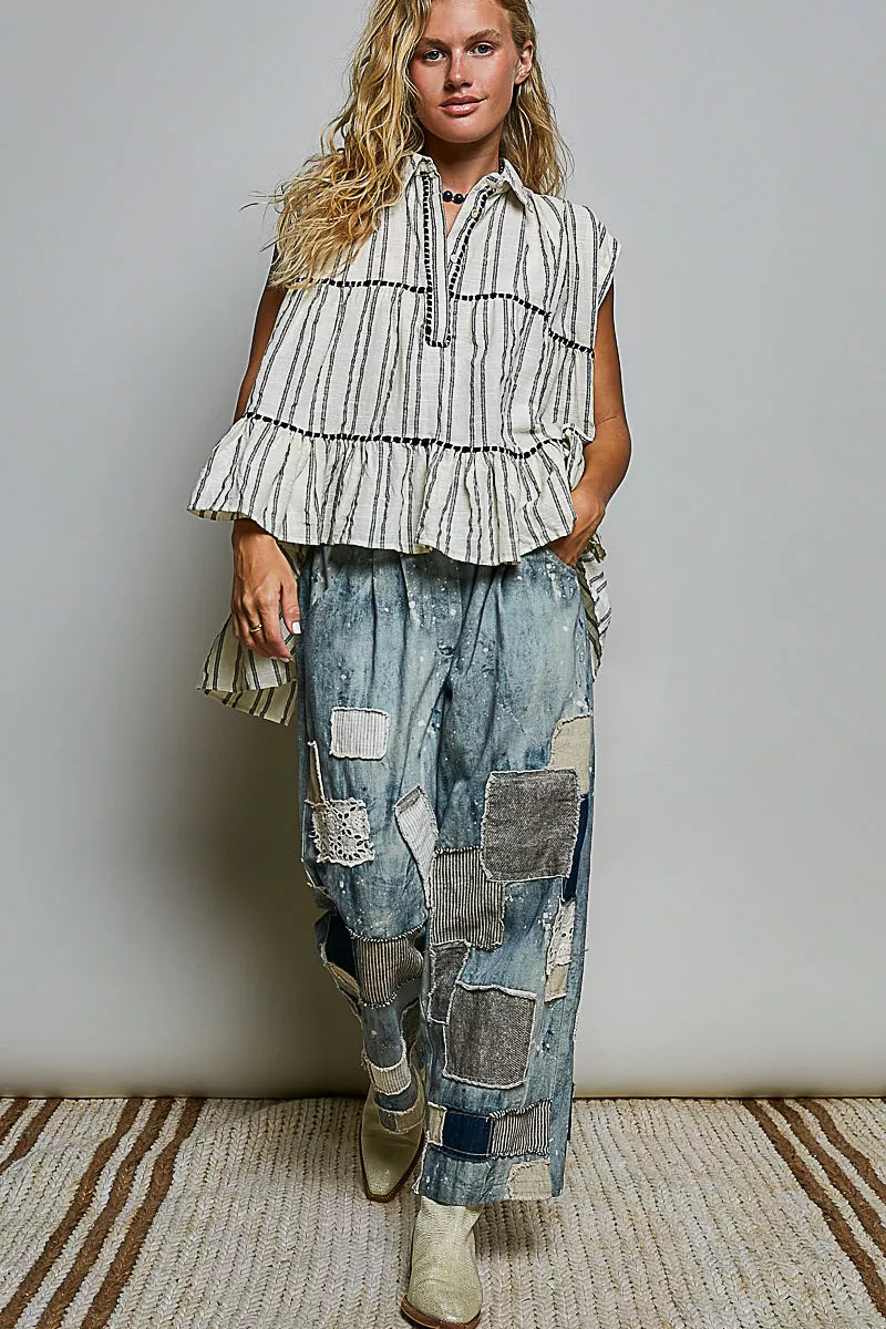 POL Striped Ruffle Collared Sleeveless Cotton Top