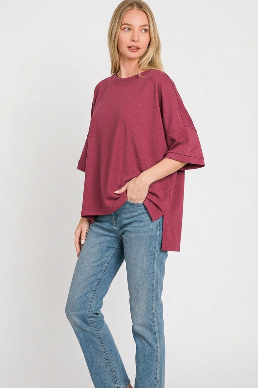 Zenana Full Size Scuba Round Neck Top With Side Slits Plus Size