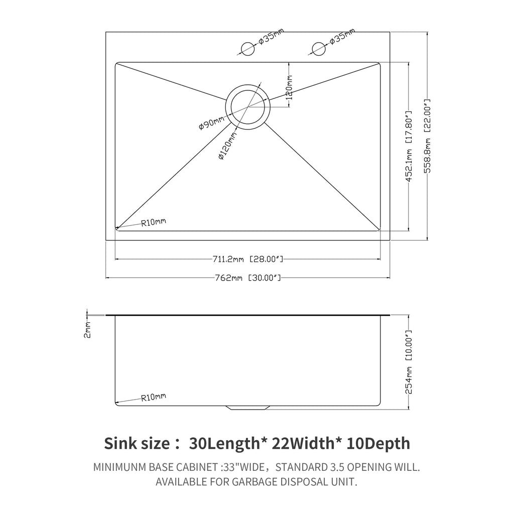 Modern Brushed Nickel 30 x 22 Inch Kitchen Sink Drop-In 16 Gauge Stainless Steel Single Bowl Topmount Basin