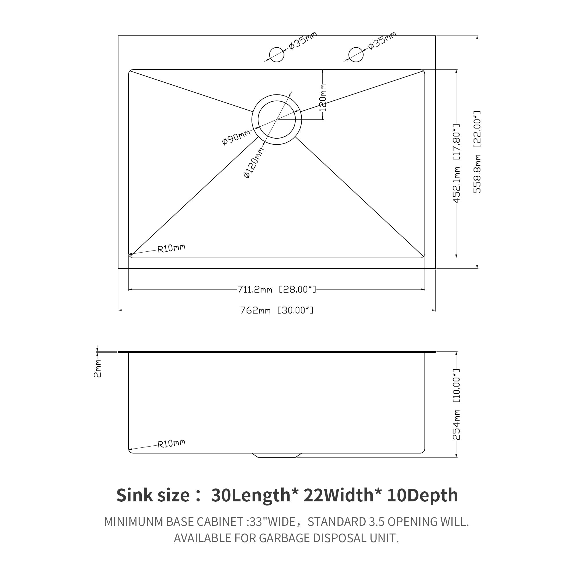 Modern Brushed Nickel 30 x 22 Inch Kitchen Sink Drop-In 16 Gauge Stainless Steel Single Bowl Topmount Basin