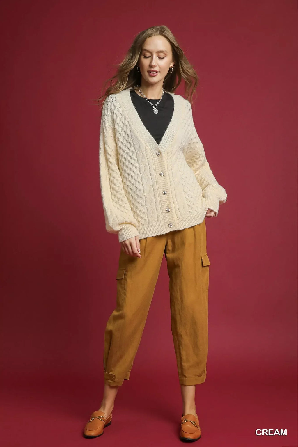 Umgee Cable Knit Pearl Button Cardigan