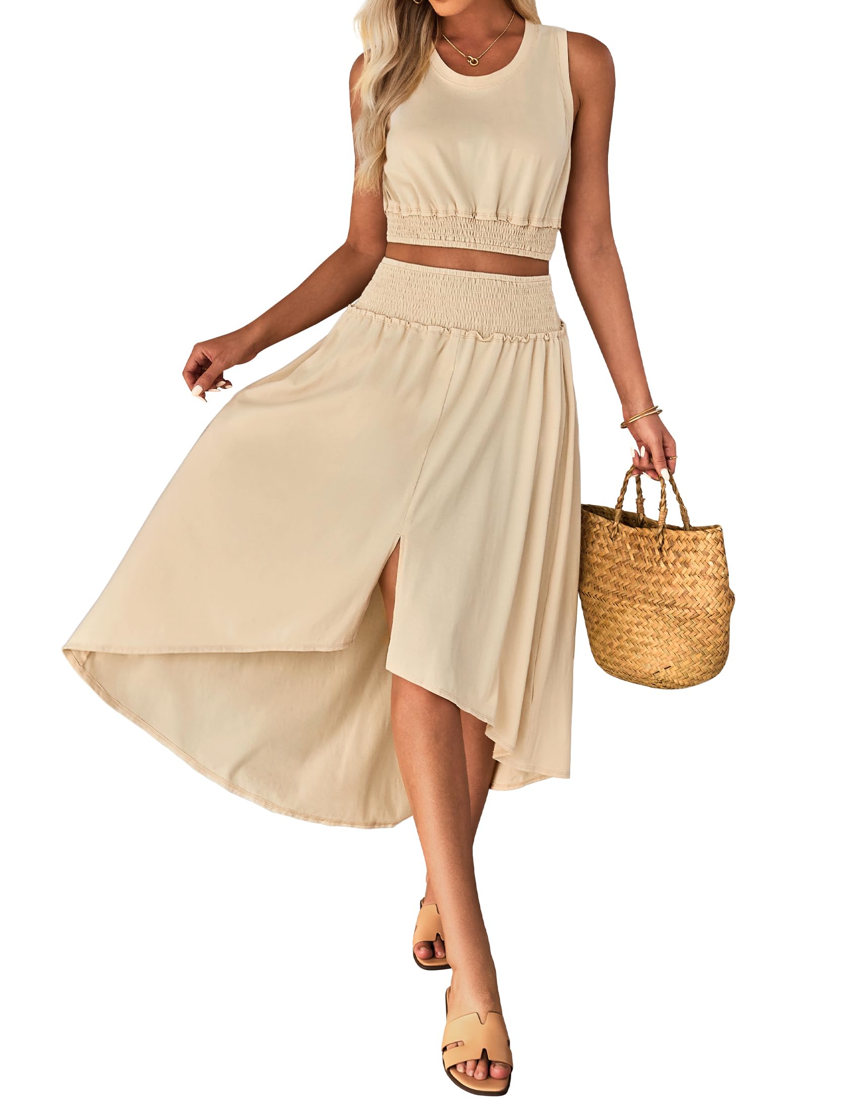luvamia Two Piece Outfits for Women Cream Skirt Vacation Clothes for Women Women Vacation Outfits Womens Two Piece Skirt Set 2 Piece Long Skirt Sets for Women Size Large Size 12 14