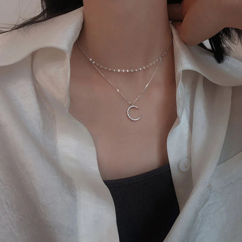 Stars, Moon, Six-pointed Star Double Necklace Female Sterling Silver Clavicle Chain