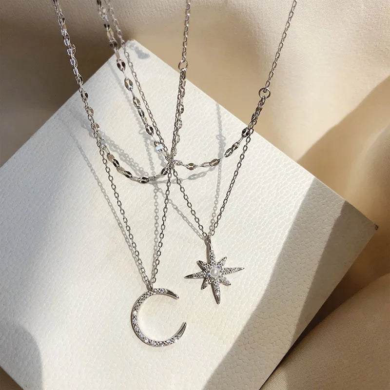 Stars, Moon, Six-pointed Star Double Necklace Female Sterling Silver Clavicle Chain