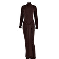 heyheyshine Womens Long Sleeve Turtleneck Dress Bodycon Maxi Dress Casual Long Dress Hollow Tie Waist Dress Bodycon Dress (BrownLLarge)