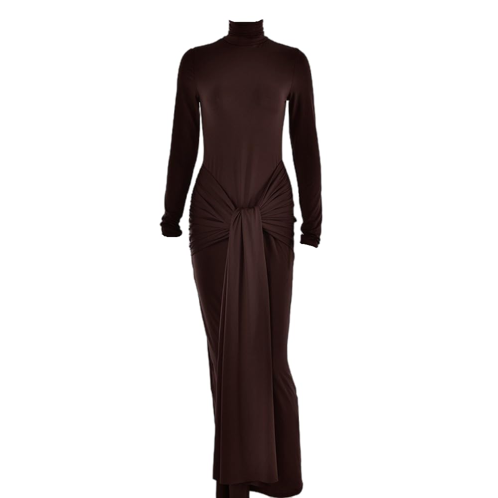 heyheyshine Womens Long Sleeve Turtleneck Dress Bodycon Maxi Dress Casual Long Dress Hollow Tie Waist Dress Bodycon Dress (BrownLLarge)