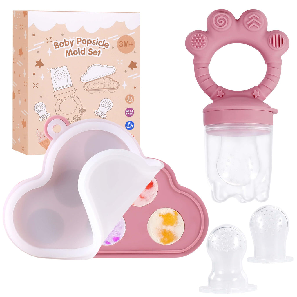Silicone Baby Fruit Food Feeder with Breastmilk Popsicle Molds Baby Food Freezer Tray Set for Baby Teething Relief Baby Fruit Pacifier Feeder for Safe Infant Self Feeding Extra Food Pouches