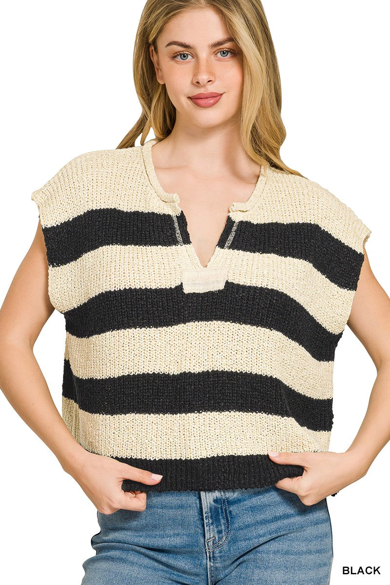 Zenana Split Neck Stripe Sleevless Sweater