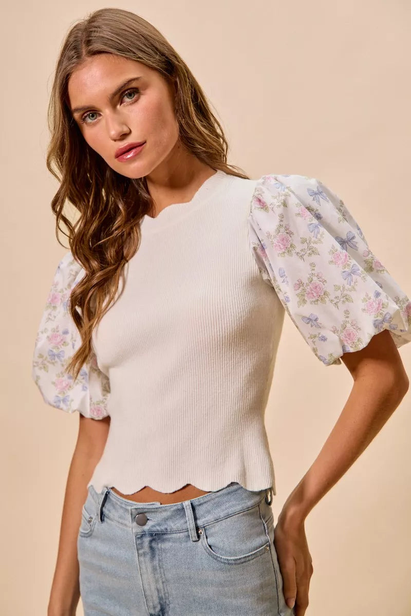 SO ME Floral Cotton Contrast Sleeves Scallop Sweater Top