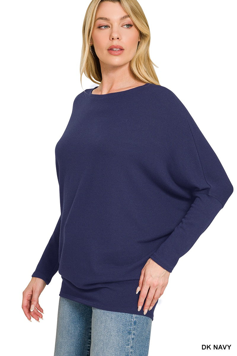 Zenana Hacci Dolman Sleeve Boat Neck Top