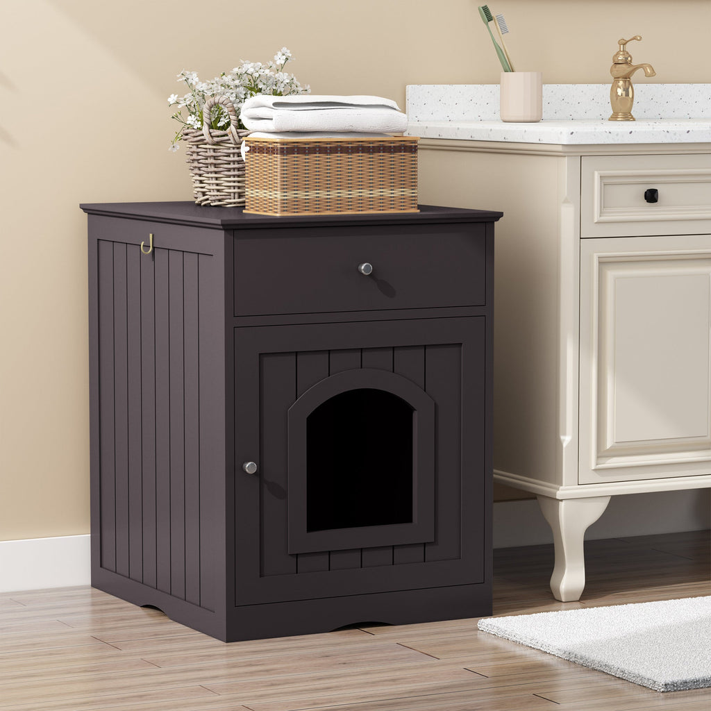 Brown Wooden Pet House Cat Litter Box Enclosure with Drawer, Side Table, Indoor Pet Crate, Cat Home Nightstand