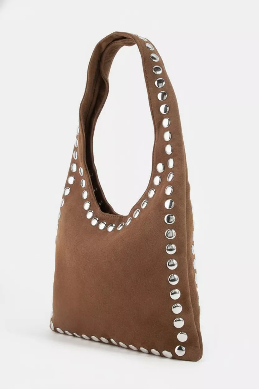 Fame Grommet Border Studded Suede Shoulder Bag