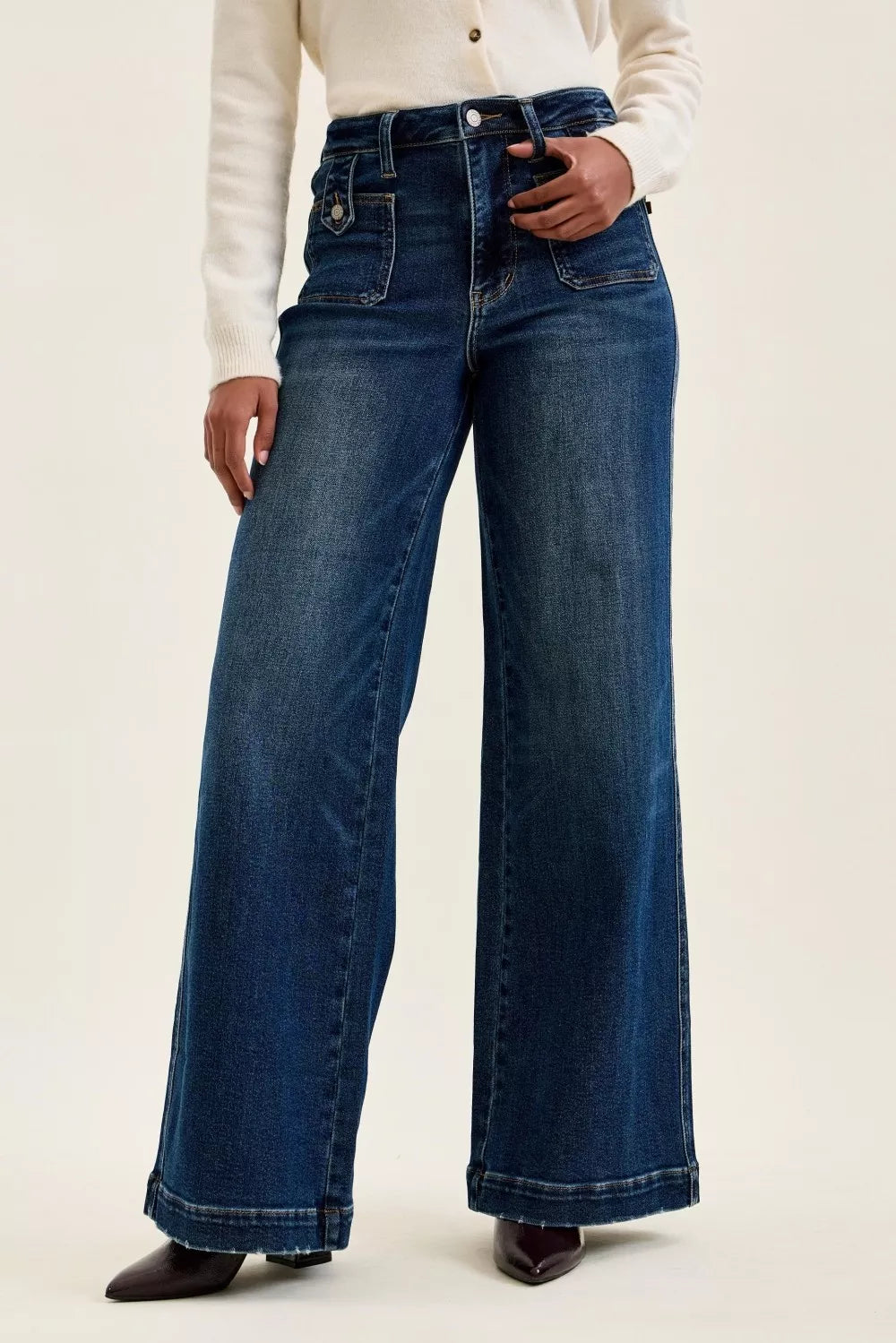 Judy Blue High Waist "lux" Retro Wide Jeans with Front Patch Tab Closure Dk Fade Indigo