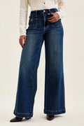 Judy Blue High Waist "lux" Retro Wide Jeans with Front Patch Tab Closure Dk Fade Indigo