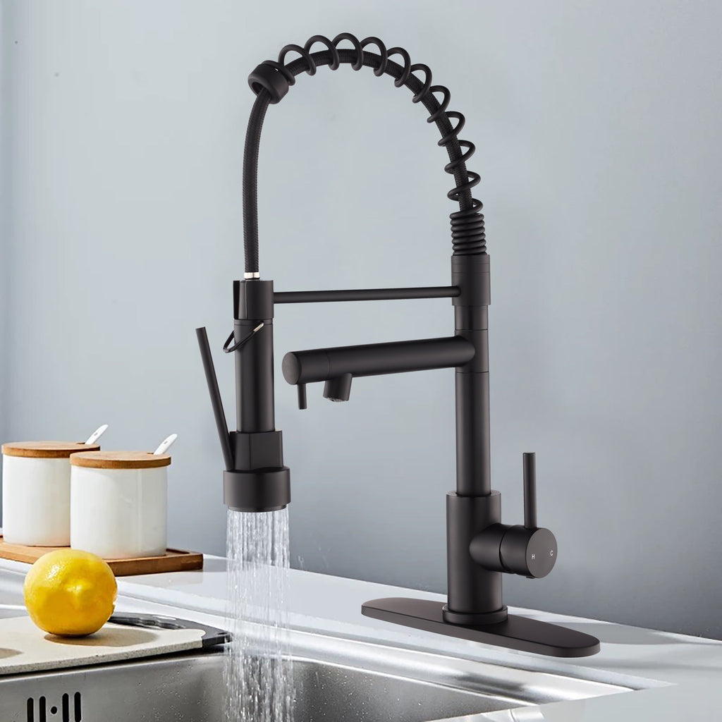 Kitchen Faucet with Pull Down Sprayer, Touch On Single Handle 2- Function Stainless Steel Spring Neck, Single Hole Installation for Residential, Commercial, RV, Bar & More, Matte Black