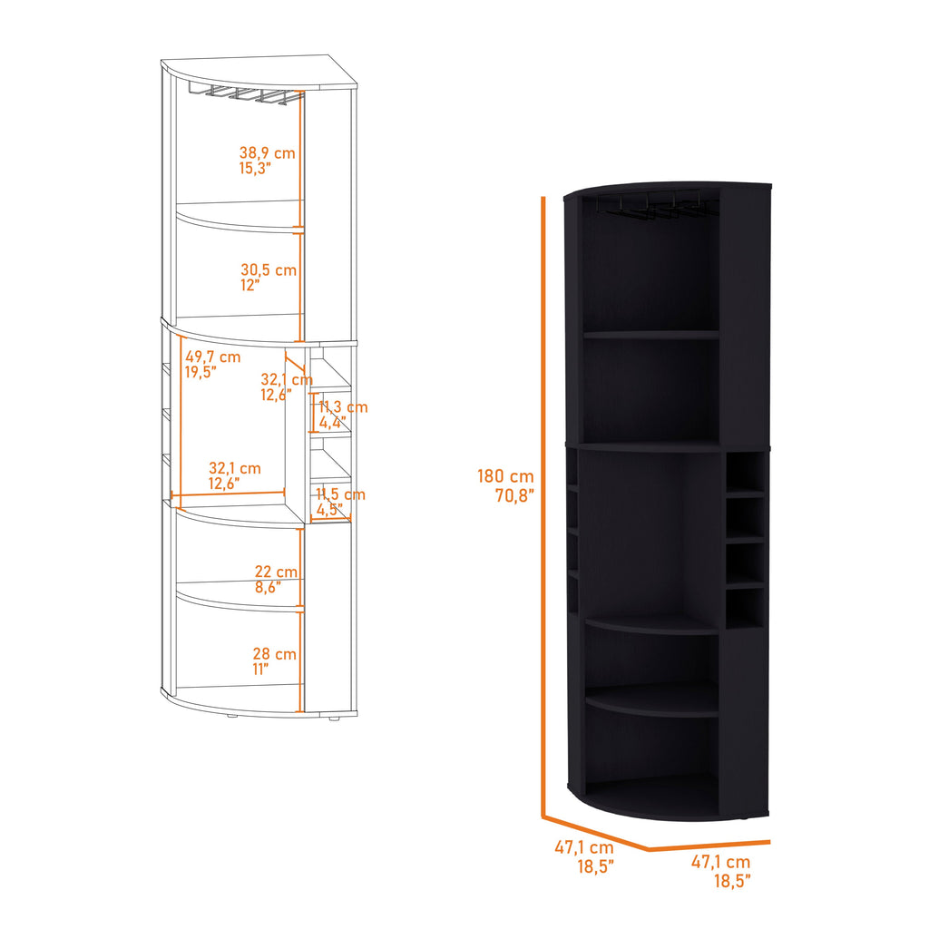 FM FURNITURE Clifton Corner Bar Cabinet, with 5 shelves,Cup Hanger and Eight Built-in Wine Rack, Black