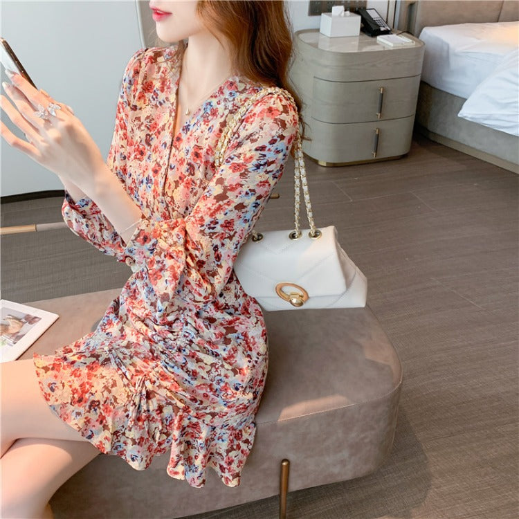 New Spring Autumn Fairy Style V-Neck Chiffon Dress