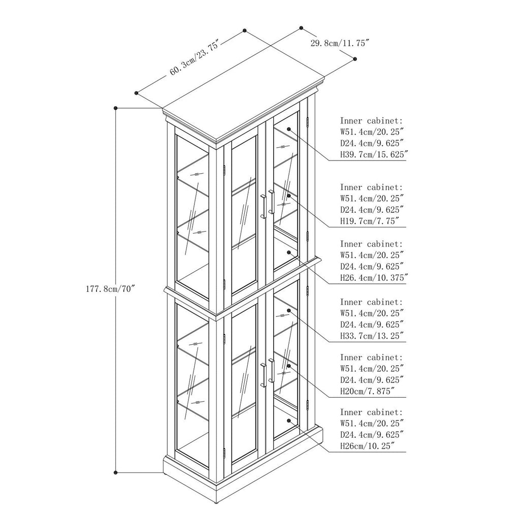 Lighted Curio Cabinet with Adjustable Shelves, Mirrored Back, and Tempered Glass Doors, 6-Tier Walnut Finish