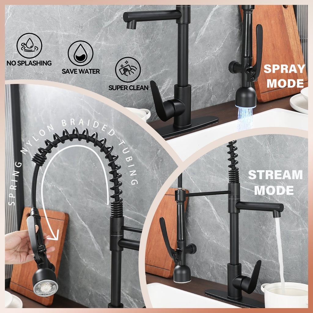 Industrial Chic Matte Black Kitchen Sink Faucet with LED Pull Down Sprayer, Single Handle High Arc Stainless Steel Faucet, Dual Spouts, Deck Mount