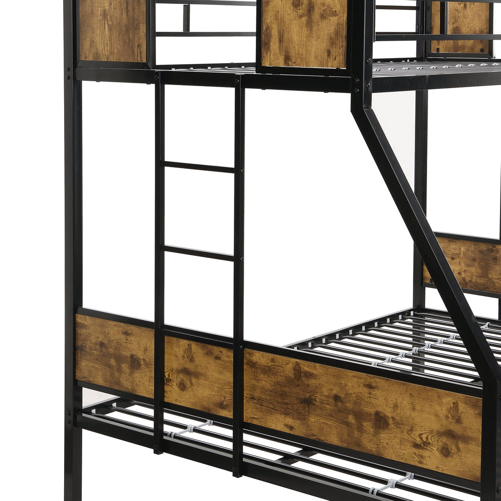 Modern Twin Over Full Metal Bunk Bed with Trundle and Dual Side Ladder, Black & Brown MDF and Metal Design, Easy Assembly