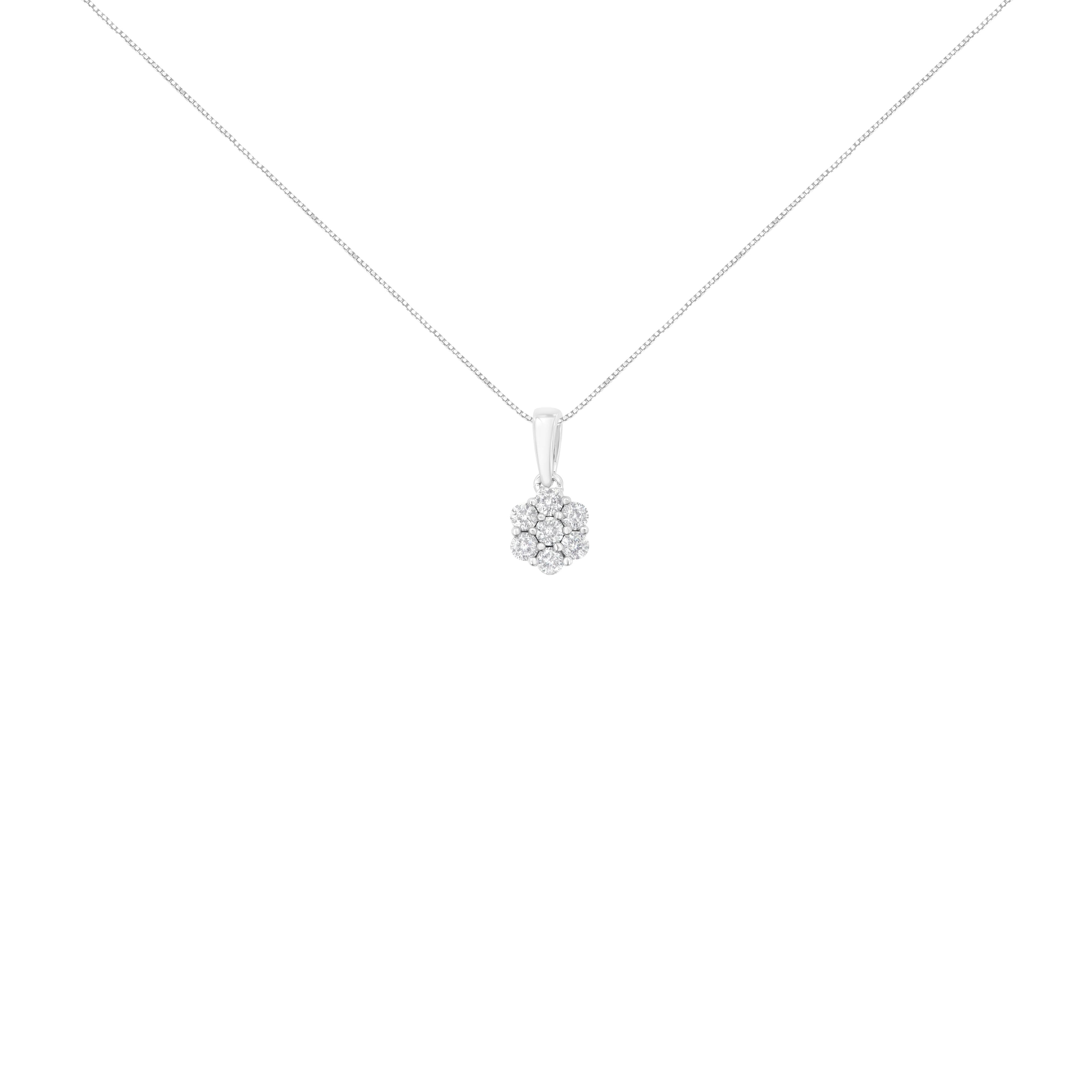 14K White Gold 1/2 cttw Prong Set Round-Cut Diamond 7 Stone Floral Cluster 18" Pendant Necklace (H-I Color, I1-I2 Clarity)
