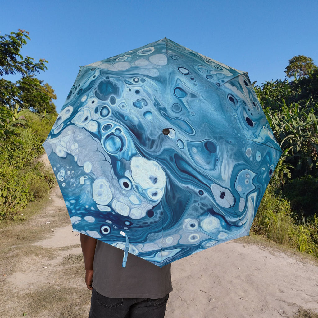 Bespattered Facade Blue Marble Foldable Umbrella — Compact Semi-Automatic Rain Parasol