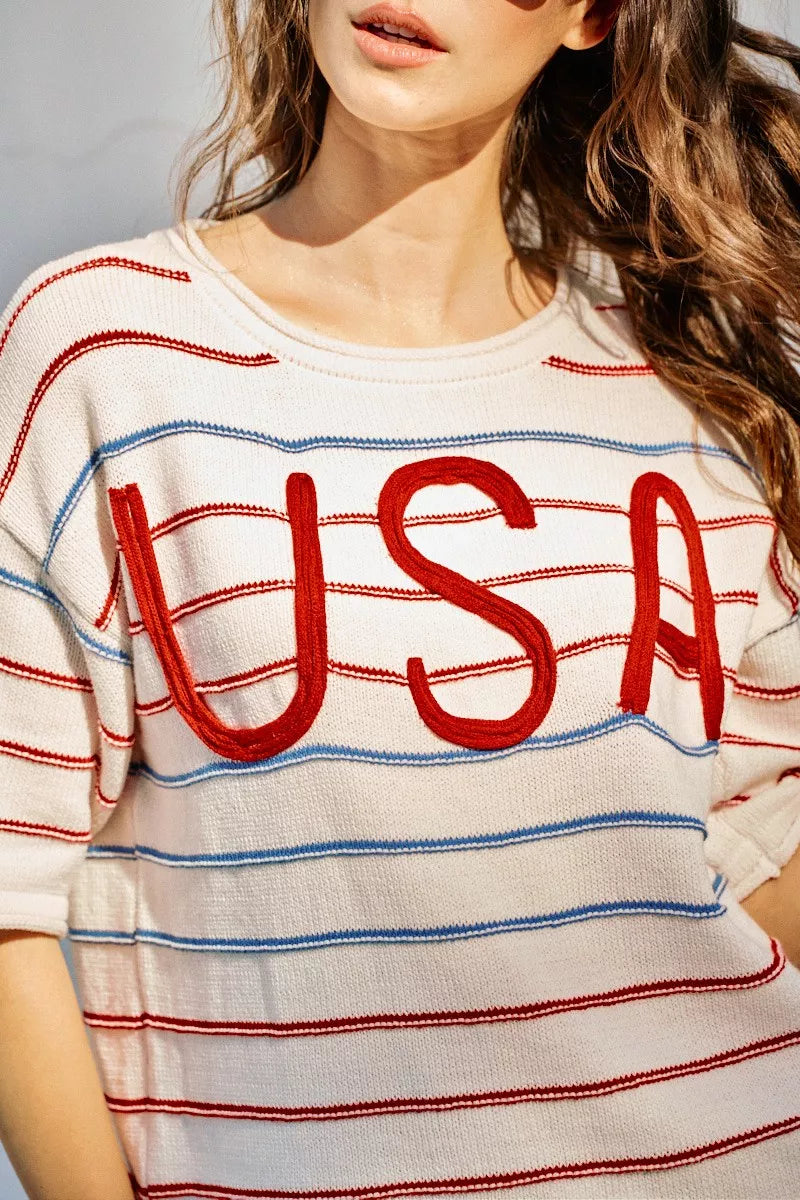 SO ME Usa Stripe Knit Short Sleeves Sweater Top