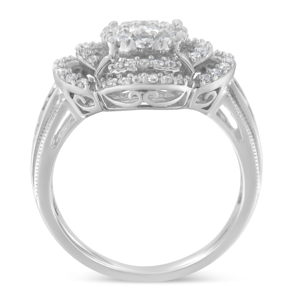 14K White Gold 1.0 Cttw Round & Baguette Cut Diamond Floral Cluster Quatrefoil Channel Set Band Cocktail Statement Ring (H-I Color, SI2-I1 Clarity) - Size 6-3/4