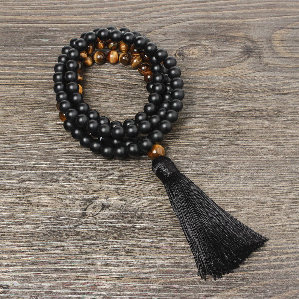 New Black Onyx Bead Necklace with Tiger Eye Tassel