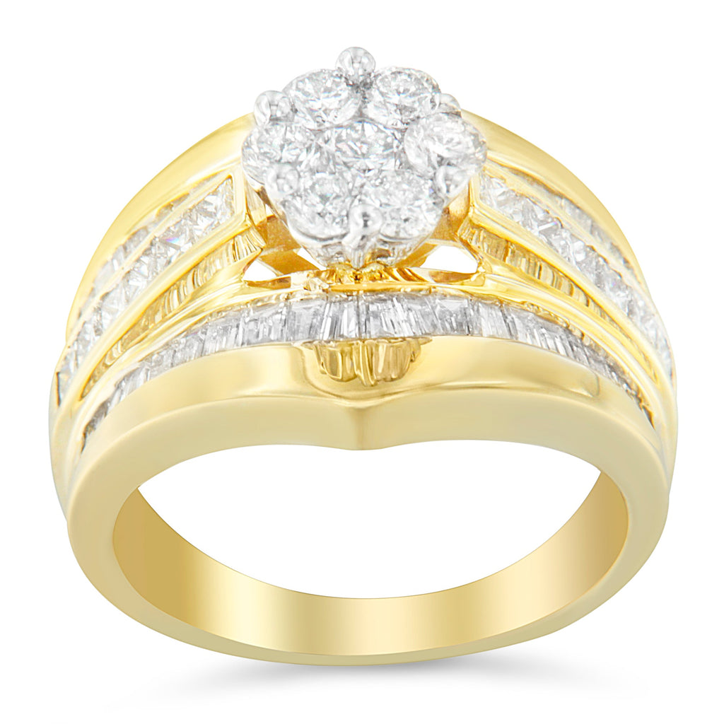 14K Yellow Gold 2-1/3 Cttw Diamond Cluster Channel Set Chevron Shaped Band Engagement Ring & Wedding Band Set