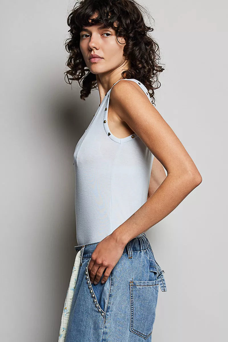 POL Studded Trim Button-Front Ruffle Detail Tank