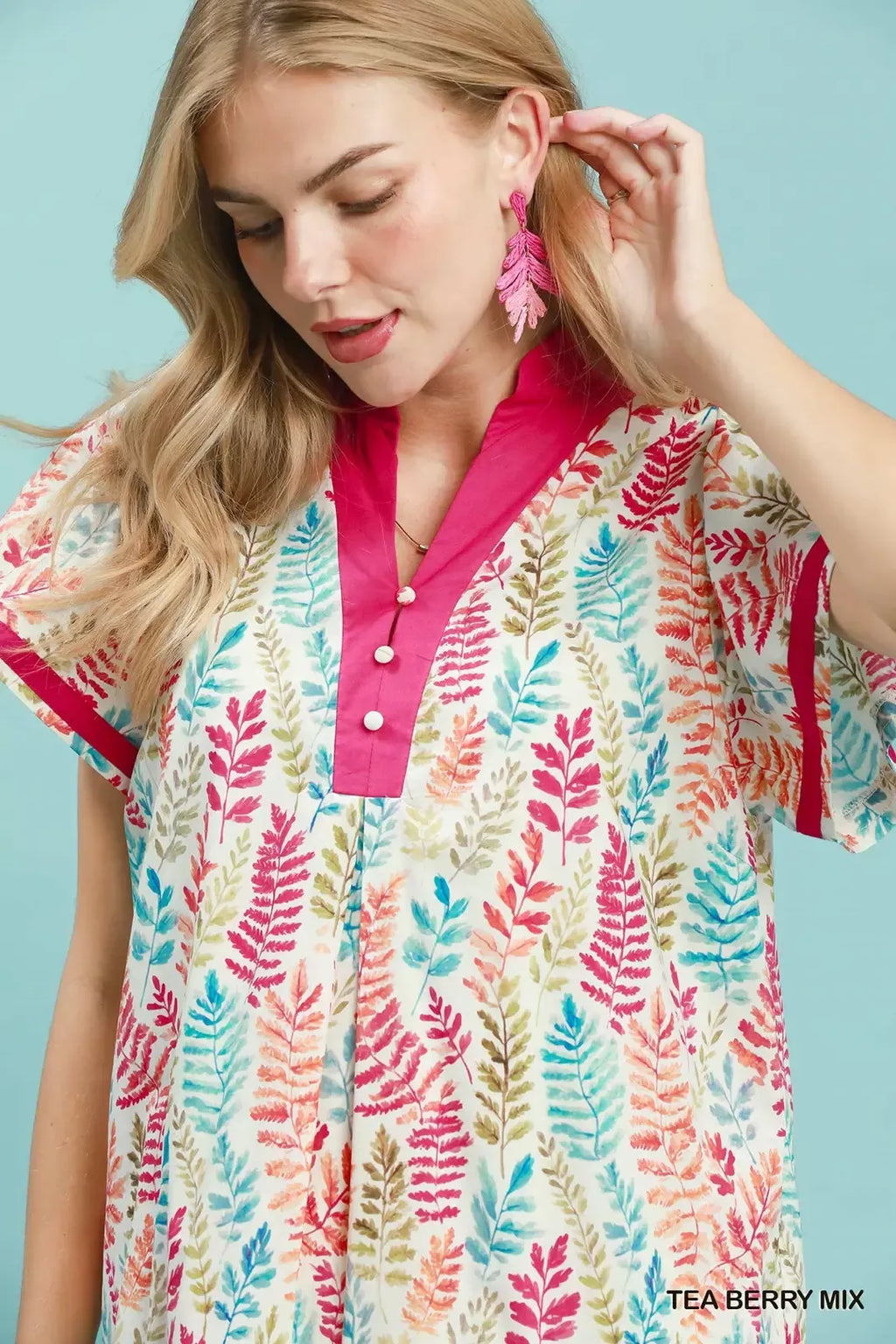 Umgee Leaf Print Flutter Sleeve Tiered Mini Dress