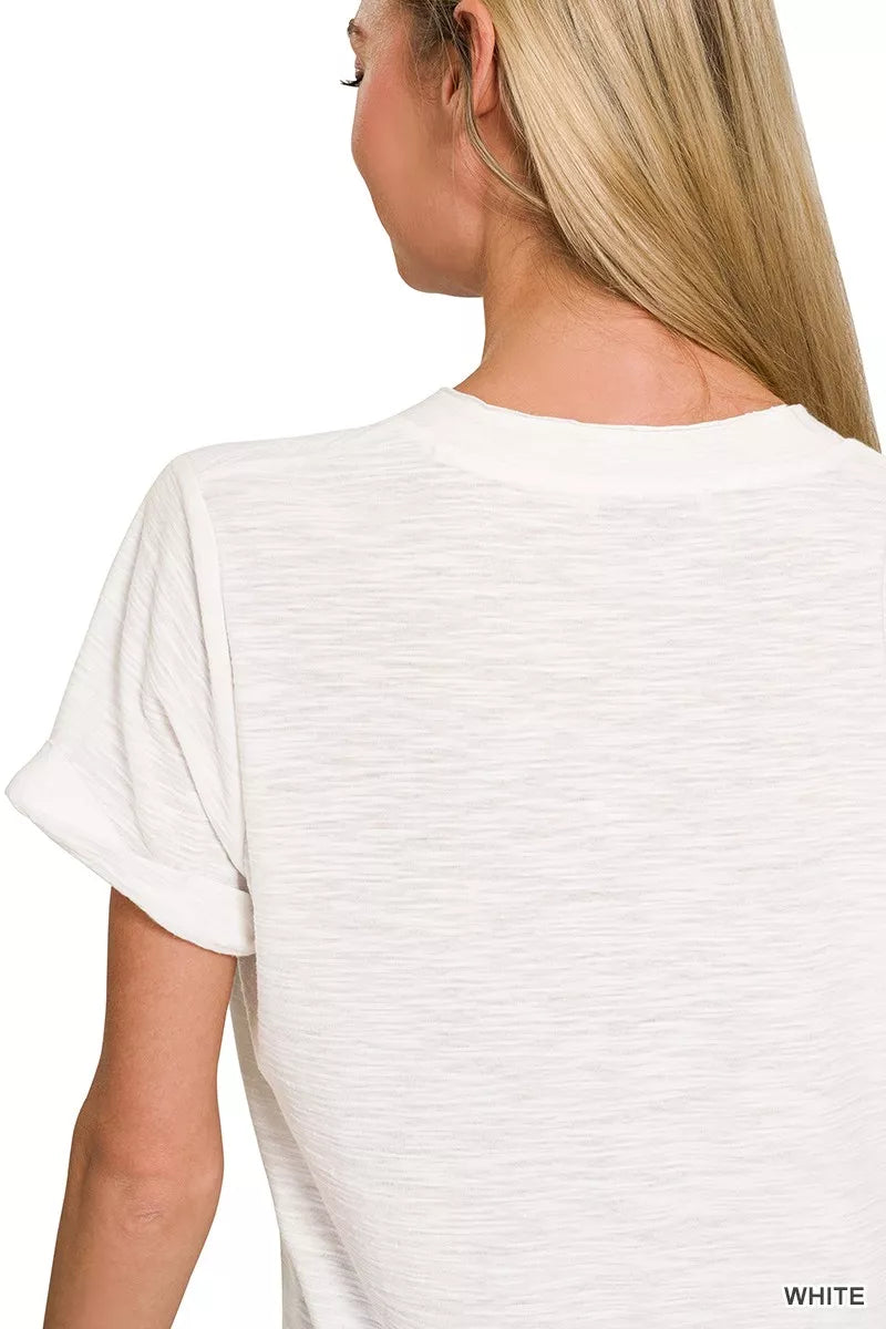 Zenana Slub Rolled Short Sleeve V-Neck Tee