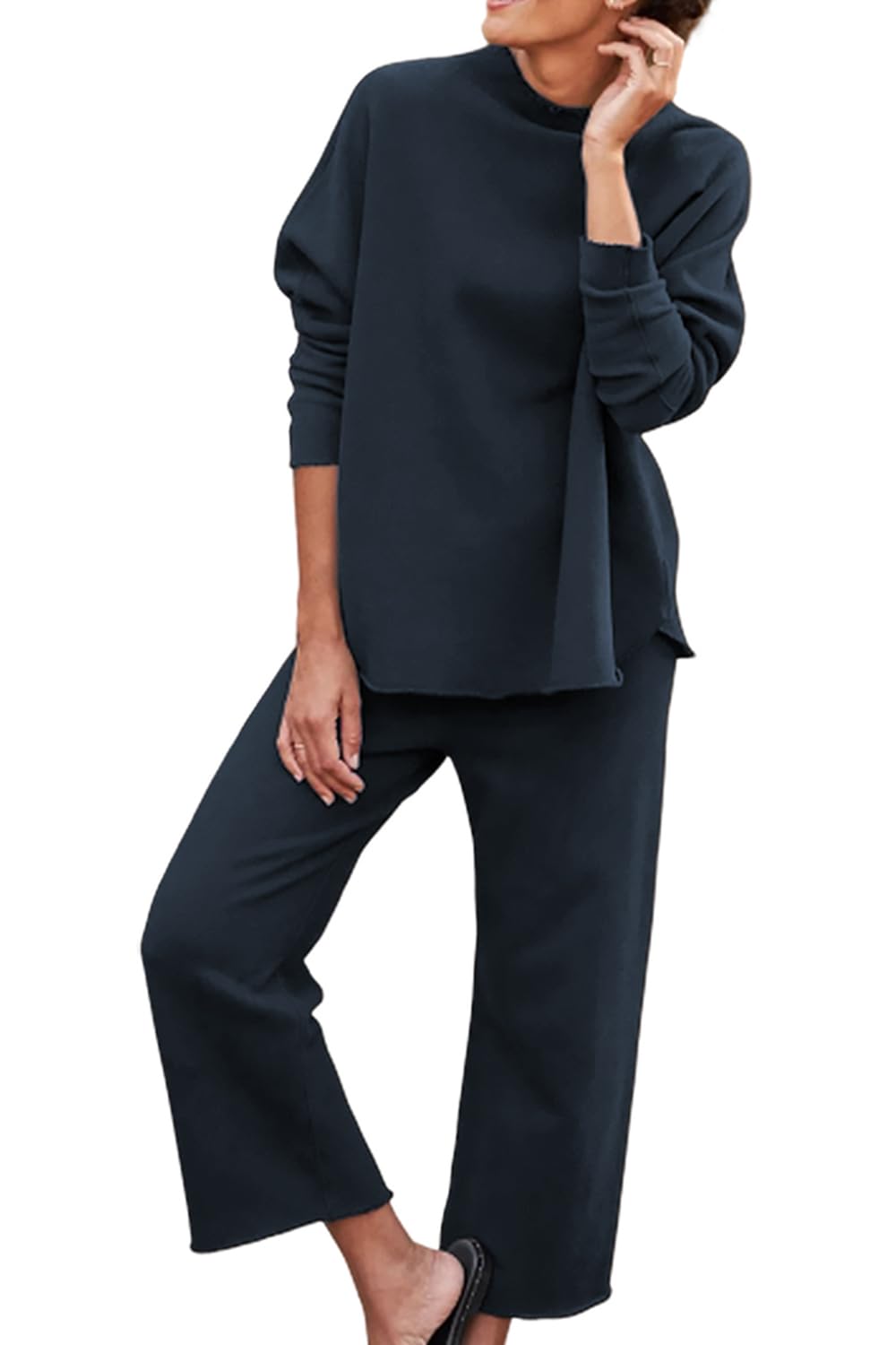 Feager Womens Sweatsuit Mock Neck 2 Piece Outfit Sweatshirt Wide Leg Pants Loungewear Set