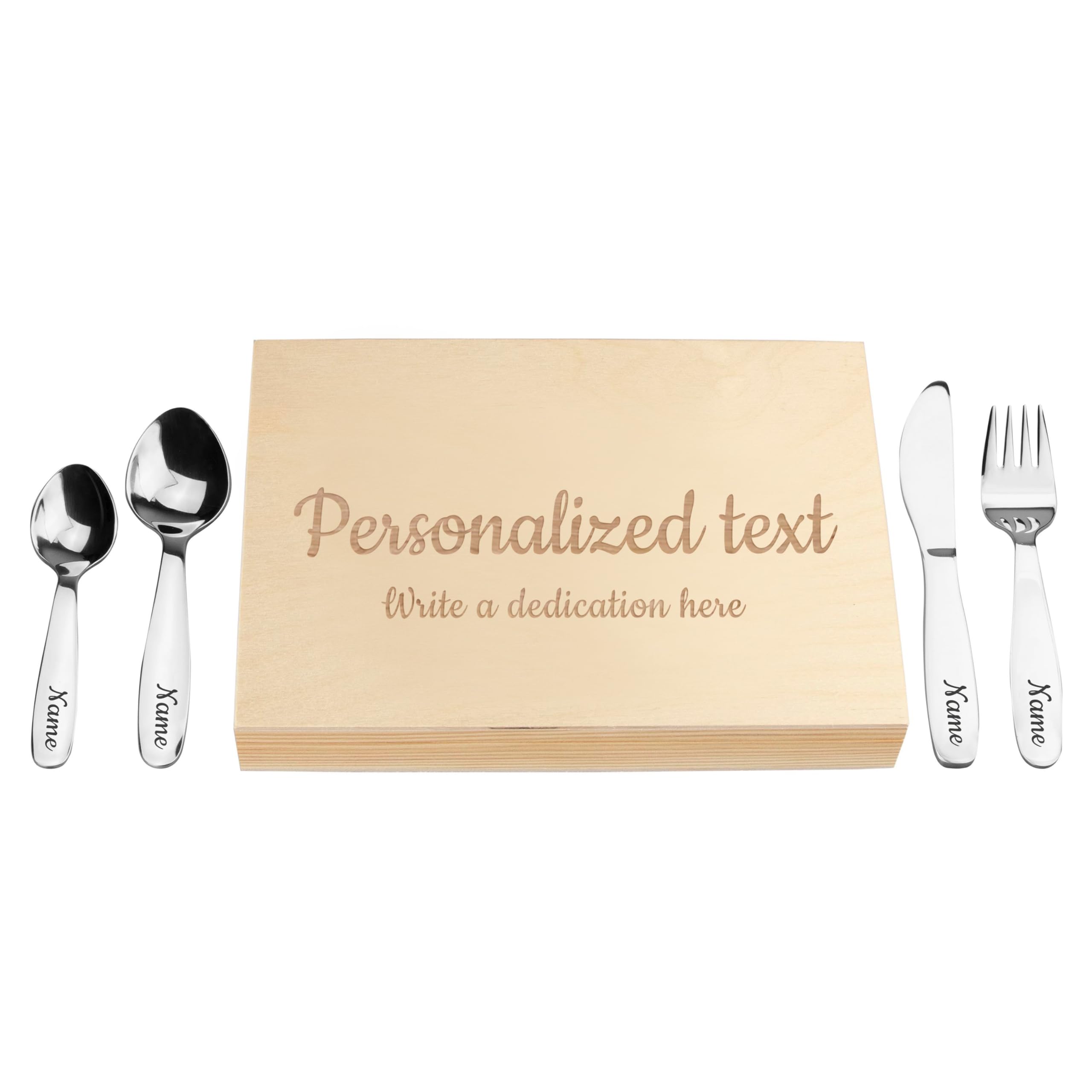 LAUBLUST Personalized Flatware Utensils Set - Wish Text - Engraved with Name | New Born Baby & Toddler Gift - Natural Wooden Box & Spoons and Forks Stainless-Steel 4 pcs | Made & Shipped from Germany