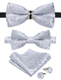 DiBanGu 2PCS Father and Son Bow Tie Silk Mens and Boys Pre-tied Bowtie & Pocket Square Cufflinks Set Kids Adjustable Bow Tie Silver