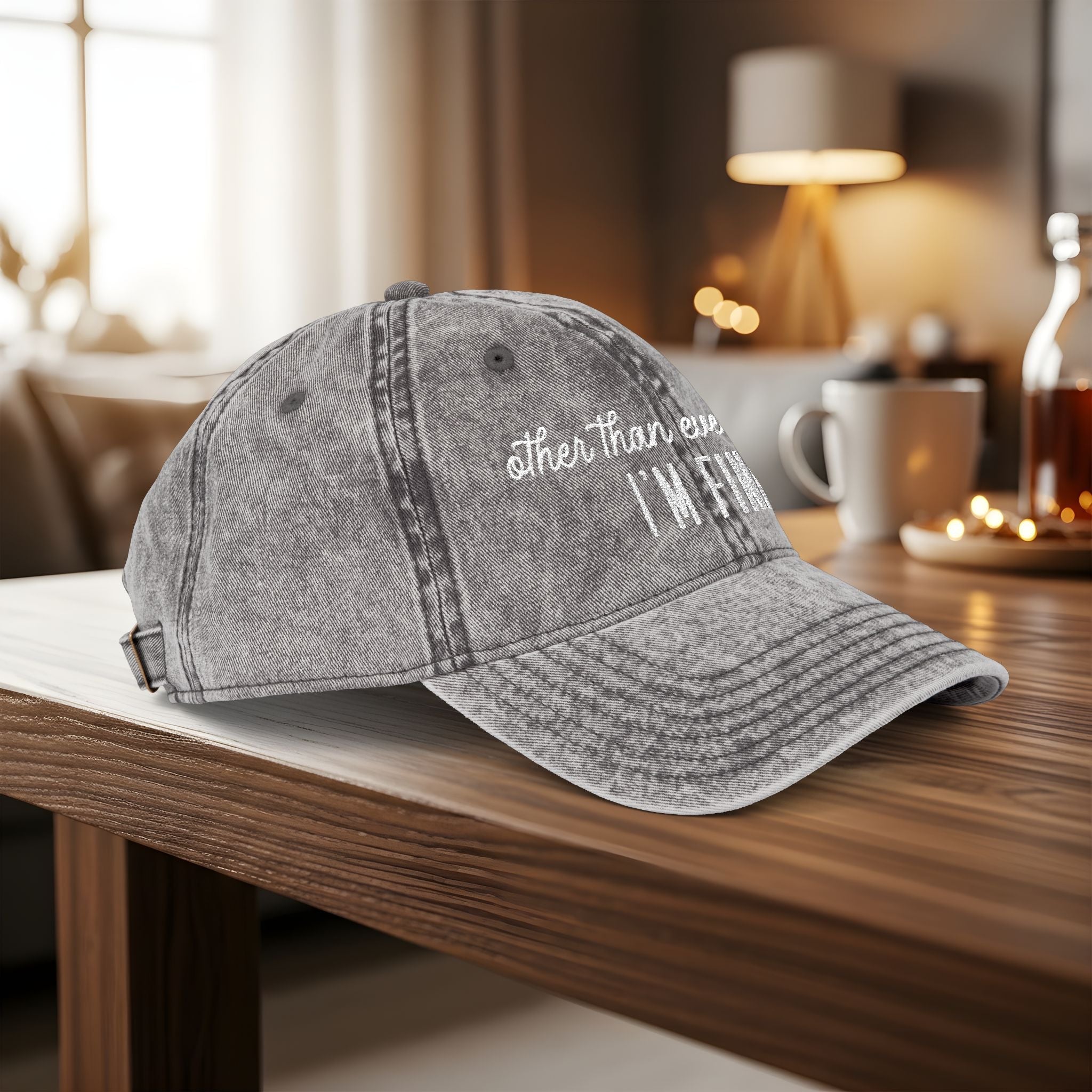 Bespattered Facade "I'm Fine" White Embroidered Vintage Cap