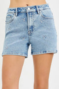 RISEN High Rise Denim Shorts with Embroidered Detail