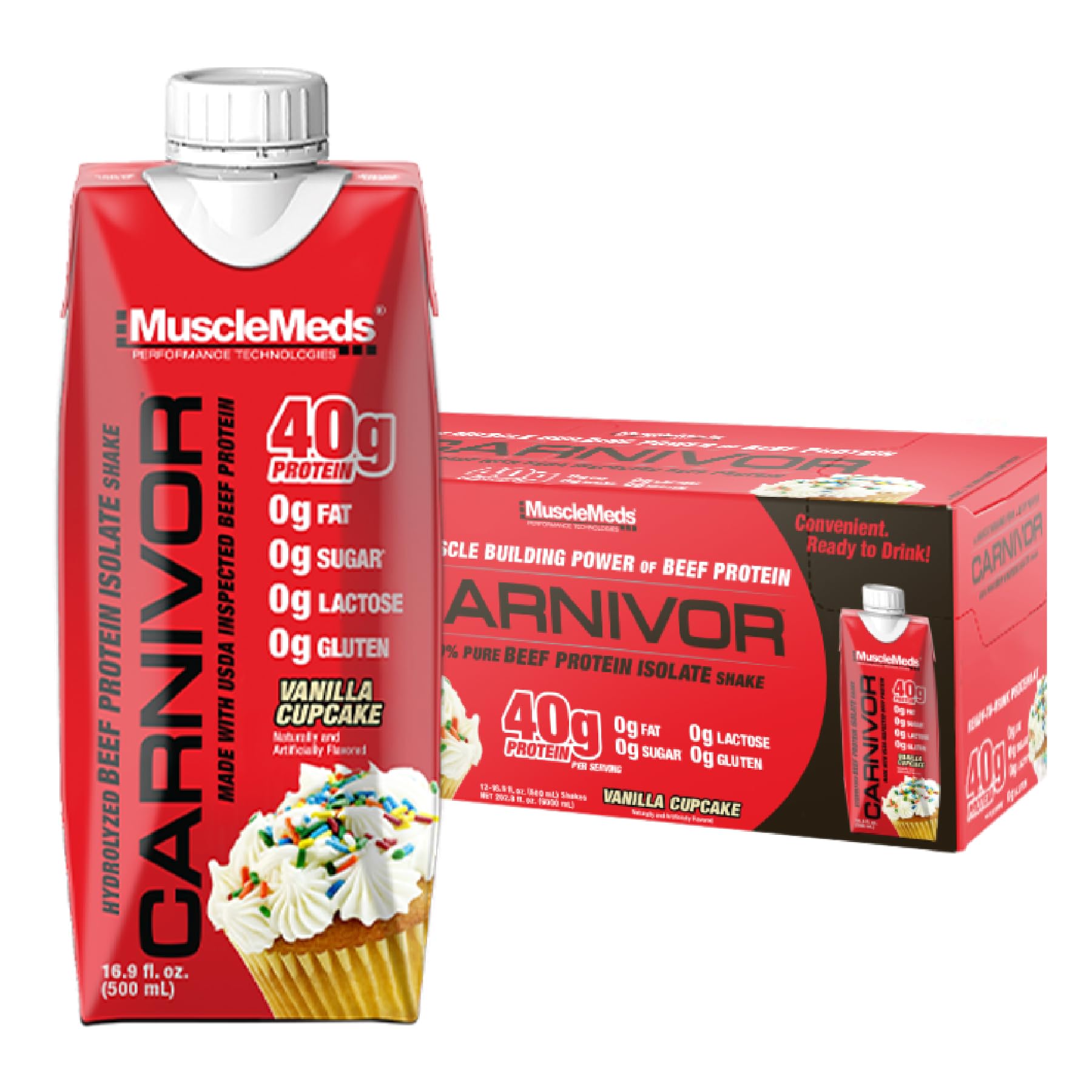 MuscleMeds Carnivor RTD Ready to Drink Protein Lactose Free Sugar Free 40g Isolate Protein Muscle Building Recovery Vanilla Cupcake 16.9 Fl Oz Liquid (Pack of 12)