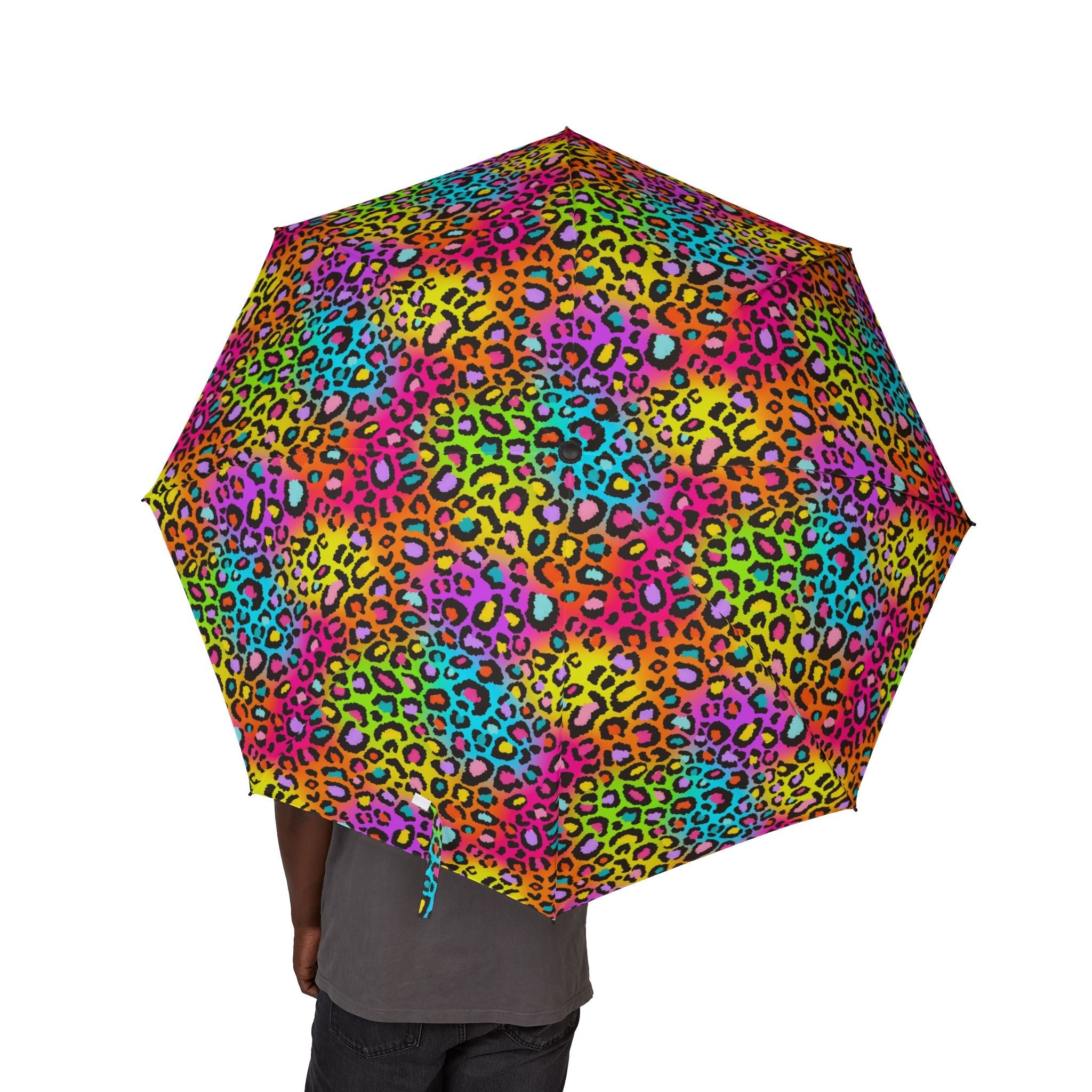 Neon Rainbow Leopard Foldable Umbrella — Compact Semi-Automatic Rain Parasol