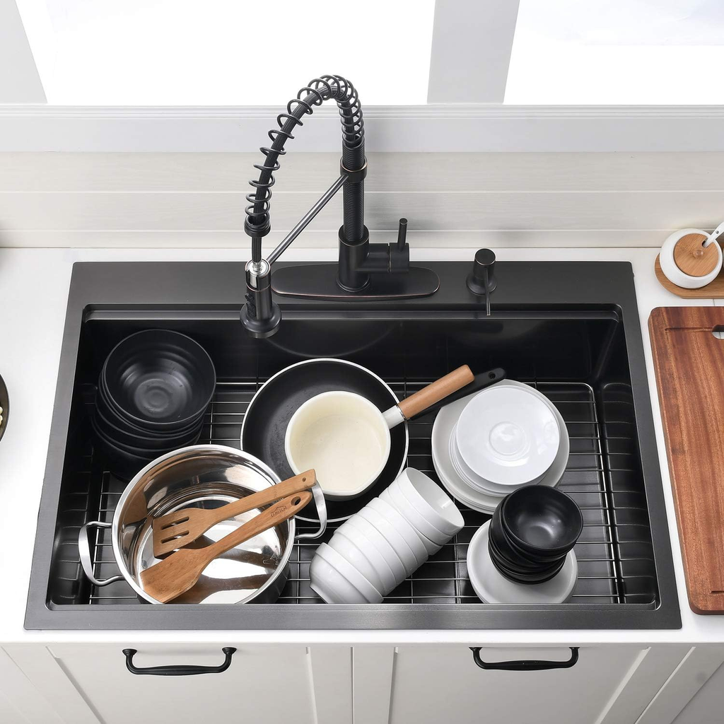 33 Inch Gunmetal Black Drop in Workstation kithchen Sink -33 'x 22' 16 Gauge Topmount Drop in Single Bowl Stainless Steel Kitchen Sink with Accessories
